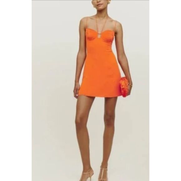 Reformation Ocean Dress Size 4 Orange Sweetheart-Neck Woven Mini Slip Dress - Picture 15 of 15